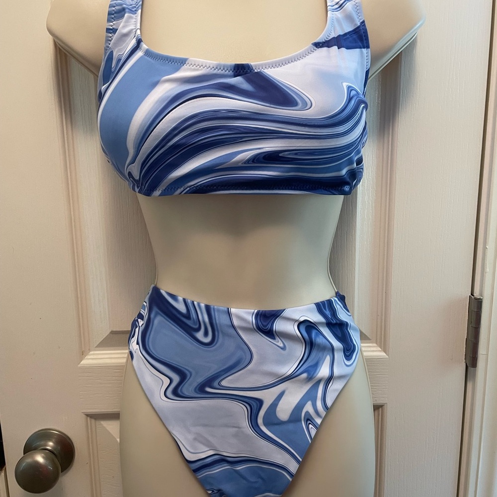 SHEIN Blue and White Wave Bikini Set